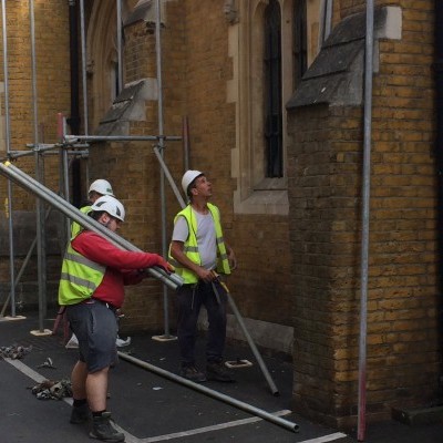 First scaffolding erected outside church, June 2017