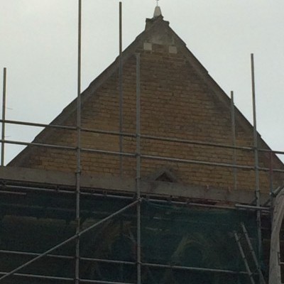 Cross installed on new stonework at east end of church, Dec 2017